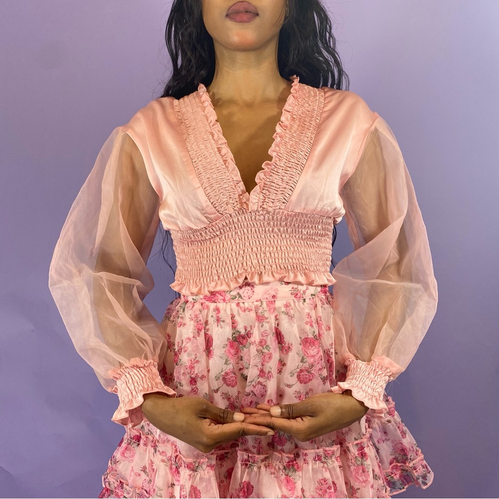 Pink Satin Sheer Sleeve Top